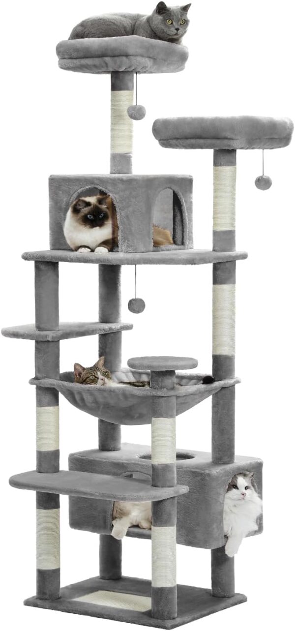 PAWZ Road Large Cat Tree, 72 Inches Cat Tower for Large Cats, Cat Condo with Sisal-covered Scratching Posts and Pads, 2 Padded Perch, Dual Condo and Basket for Indoor Cats-Gray