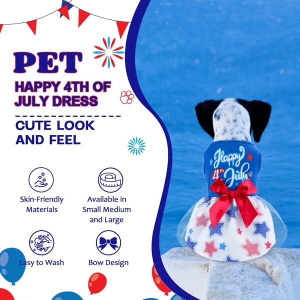 Happy 4th of July Dog Outfit Patriotic Dog Tulle Dress with Red Bowknot Independent Day Dog Pet Doggie Apparel Clothes for Small Dogs Puppy Cats Girl - Image 4