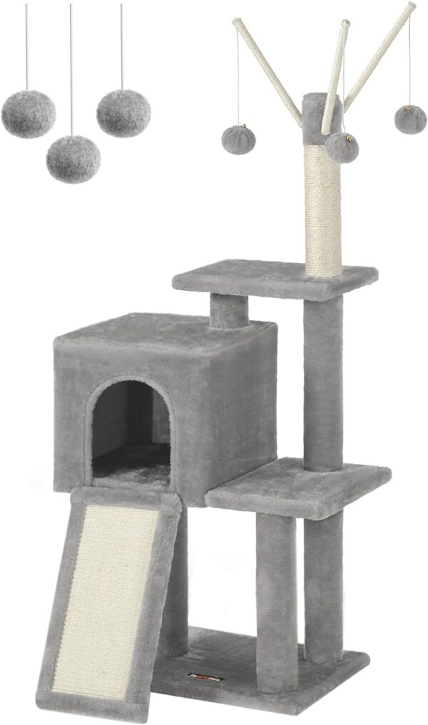 Feandrea Cat Tree, 46.5-Inch Cat Tower for Indoor Cats, Multi-Level Plush Cat Condo, Scratching Post, Ramp, 3 Removable Pompom Sticks, Cat Cave, Light Gray UPCT143W01