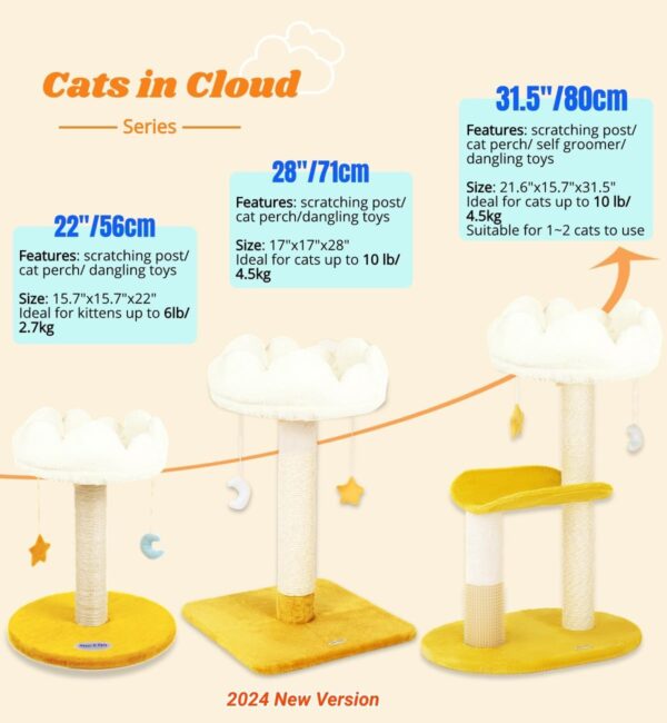 Happi N Pets Cloud Cat Scratching Post with Bed, Cat Tree Tower for Indoor Cats, Natural Sisal Cat Scratcher with Soft Perch for Kitten & Adult Cats, Small Cat Tower with Toys, Cat Activity Tree - Image 2