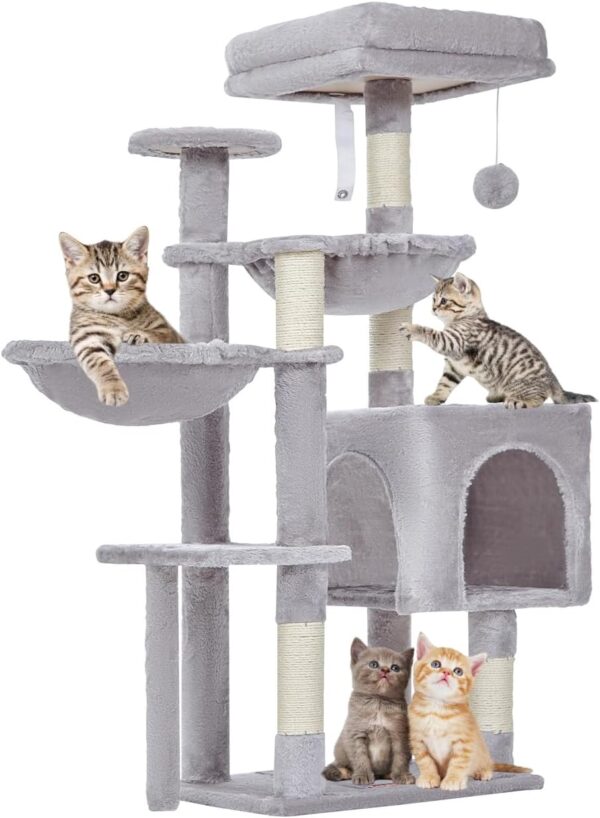 Cat Tree, 39.4-Inch Cat Tower for Indoor Cats,Suitable for Kittens,Plush Cat Condo with 5 Scratching Posts, Plush Perch,2 Hammock,Pompoms, MS019W Light Gray