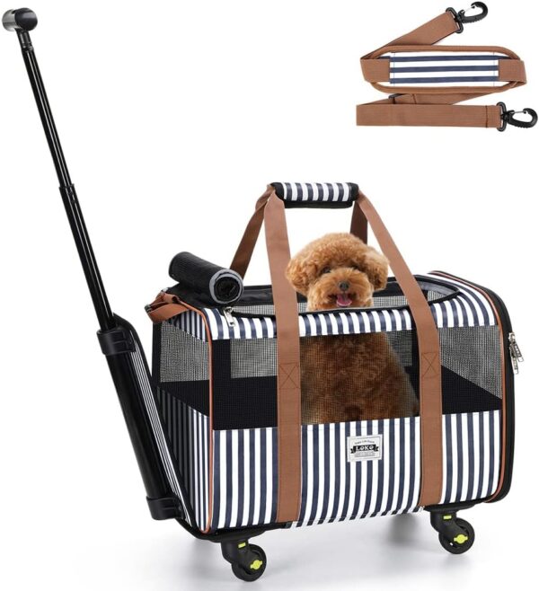 Cat Carier with Wheels, Lekesky Dog Carrier Airline Approved Rolling Pet Carrier with Telescopic Handle and Shoulder Strap, Striped