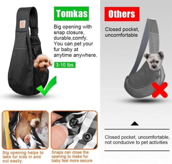 Tomkas Small Dog Sling Carrier - Adjust. Strap & Zip Pocket - Suitable for Puppies (Black) - Image 8