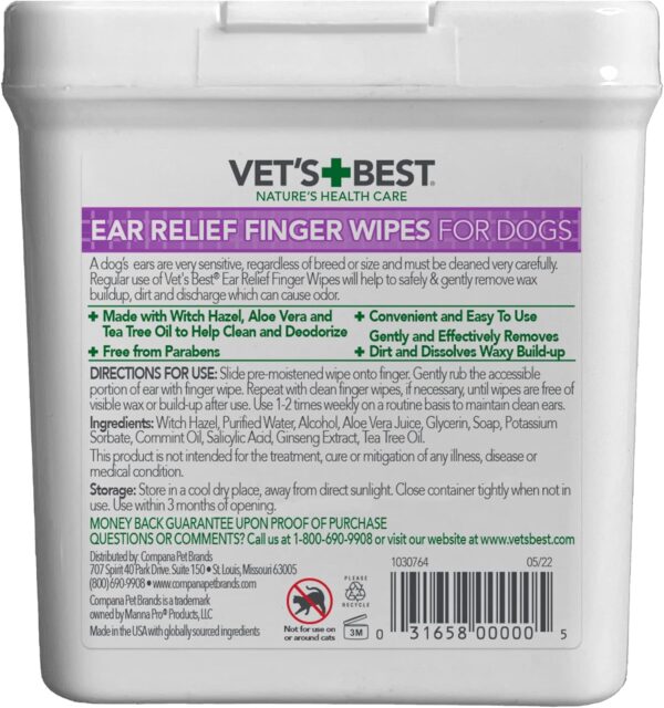 Vet's Best Ear Relief Finger Wipes | Ear Cleansing Finger Wipes for Dogs | Sooths & Deodorizes | 50 Disposable Wipes - Image 2