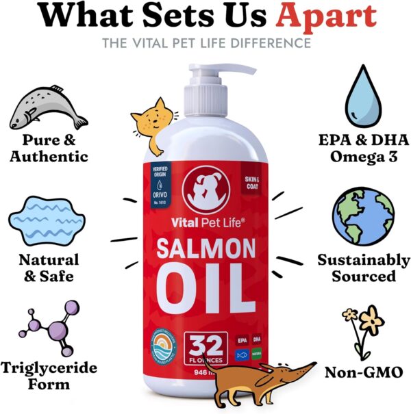 Salmon Oil for Dogs & Cats - Healthy Skin & Coat, Fish Oil, Omega 3 EPA DHA, Liquid Food Supplement for Pets, All Natural, Supports Joint & Bone Health, Natural Allergy & Inflammation Defense, 32 oz - Image 4