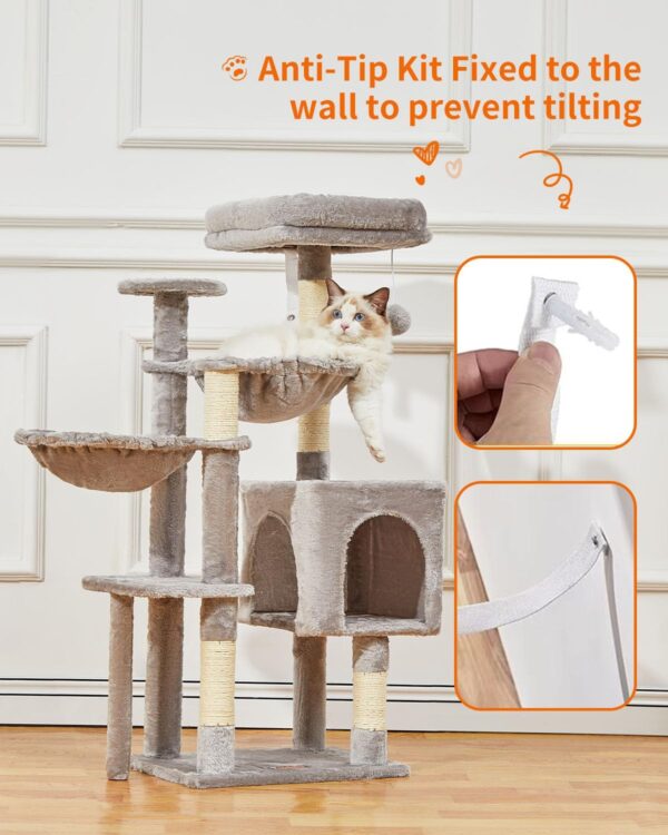 Cat Tree, 39.4-Inch Cat Tower for Indoor Cats,Suitable for Kittens,Plush Cat Condo with 5 Scratching Posts, Plush Perch,2 Hammock,Pompoms, MS019W Light Gray - Image 6