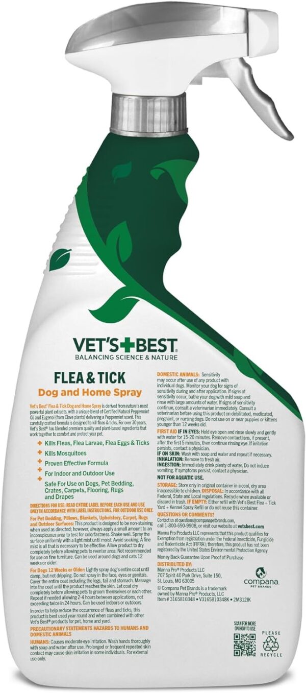 Vet's Best Flea and Tick Home Spray - Dog Flea and Tick Treatment for Home - Plant-Based Formula - Certified Natural Oils,Green - 32 oz - Image 2