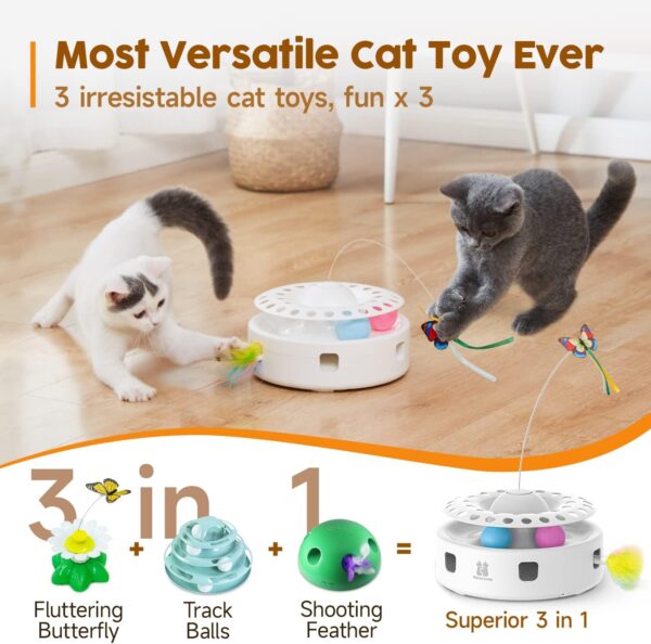 Potaroma Cat Toys 3in1 Automatic Interactive Kitten Toy, Fluttering Butterfly, Moving Ambush Feather, Track Balls, Dual Power Supplies, USB Powered, Indoor Exercise Kicker (Bright White) - Image 2