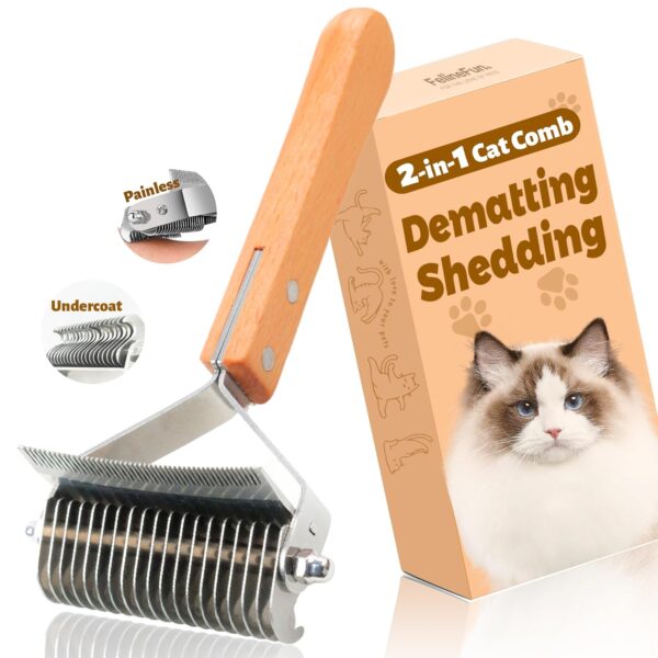 2 in 1 Cat Brush for Dematting & Deshedding, Cat Matted Fur Remover & Undercoat Rake, Efficiently Remove Loose Hair & Matted Fur,Professional Shedding Comb for Indoor Cats & Long Haired Cats