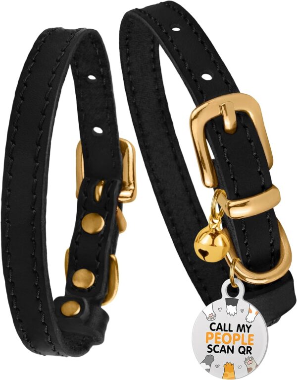 BRONZEDOG Leather Cat Collar with Bells Non Breakaway Kitten QR Tag for Girl Boy (7" - 9" for Cats, Black & Gold) - Image 6