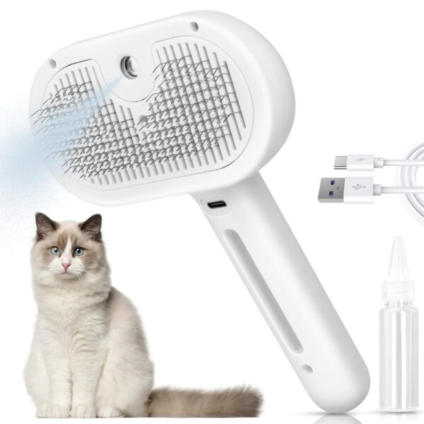 Cat Steam Brush New Steamy Cat Brush - 3 in 1 Cat Hair Brush with Release Button Self Clean Cat Brush with Spary Mist for Cats Dogs Pets Hair Removal