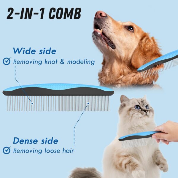 Pet Grooming Brush and Metal Comb Combo, Cat Brush Dog Brush for Shedding, Undercoat Rake for Dogs Grooming Supplies, Dematting Deshedding Brush Dogs Shedding Tool for Long matted Haired Pets, Blue - Image 3