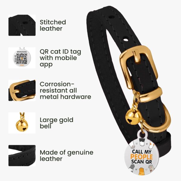 BRONZEDOG Leather Cat Collar with Bells Non Breakaway Kitten QR Tag for Girl Boy (7" - 9" for Cats, Black & Gold) - Image 2