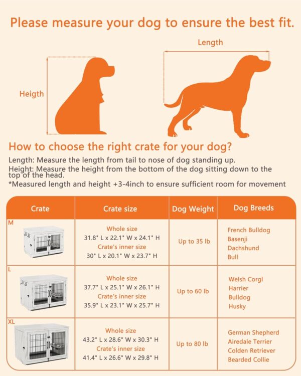 Piskyet Wooden Dog Crate Furniture with 360°Rotatable Removable Dog Bowls, Dog Crate End Table with Tray, Double Doors Dog Kennels for Dogs(M:31.8" L*22.1" W*24.1" H,Marble White) - Image 7