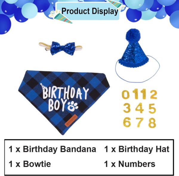 ADOGGYGO Cat Birthday Party Supplies, Birthday Boy Plaid Cat Bandana Cute Cat Bowtie, Cat Birthday Hat with Numbers, Pet Birthday Outfit for Cat Kitten (Blue) - Image 4