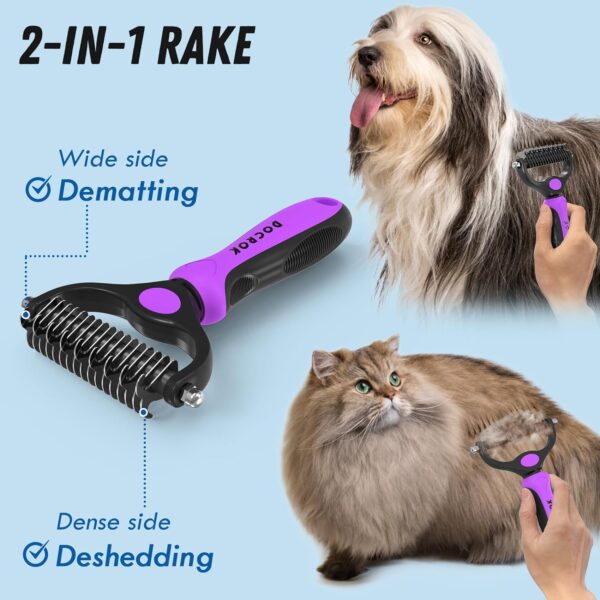 Pet Grooming Brush and Metal Comb Combo, Cat Brush Dog Brush for Shedding, Undercoat Rake for Dogs Grooming Supplies, Dematting Deshedding Brush Dogs Shedding Tool for Long matted Haired Pets, Purple - Image 2