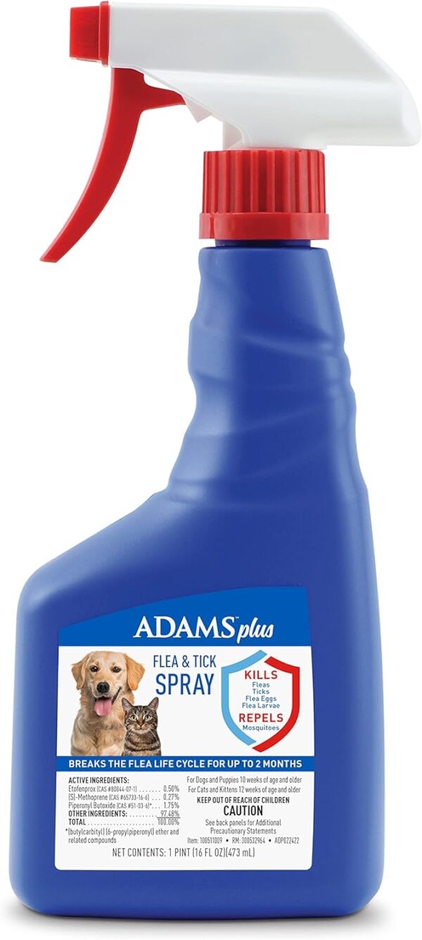 Adams Plus Flea & Tick Spray For Dogs and Cats | Kills Adult Fleas, Flea Eggs, Flea Larvae, Ticks, and Repels Mosquitoes For Up To 2 Weeks | Controls Reinfestation For Up To 2 Months | 16 Oz