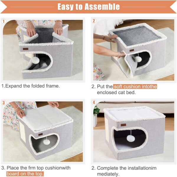 Cat Bed for Indoor Cats Cube House, Covered Cat Cave Beds & Furniture with Scratch Pad and Hideaway Tent, Cute Modern Cat Condo for Multi Small Pet Large Kitten Kitty, Grey - Image 4