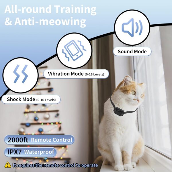 Cat Training Collar, Cat Safe Shock Collar with Shock, Vibration, Sound 3 Modes to Stop Meowing, Rechargeable, Effective for Bad Behavior(5-15lb Cat and Mini Dog) - Image 2