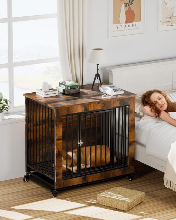 Large Wooden Dog Crate Furniture: Courpal® 30" End Table Dog Kennel Indoor for Medium Breed with Wheel - Extra Heavy Duty Room Corner Pet Cage - Brown Night Stand Table Top Modern Decorative Style - Image 3