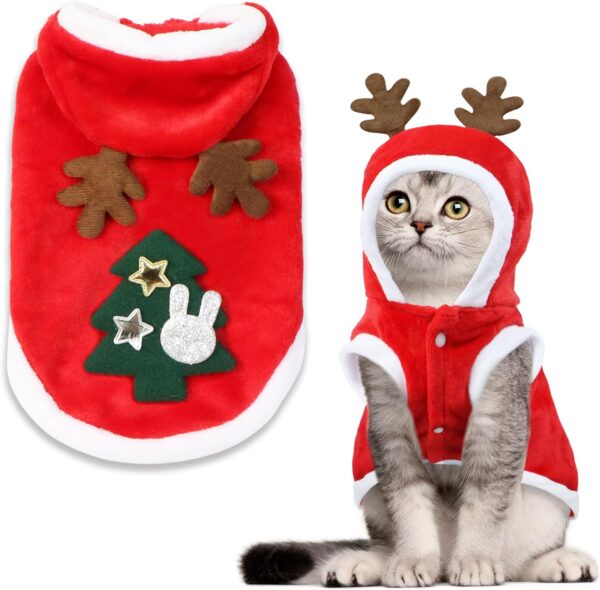 Cat Christmas Outfit, Cat Christmas Hoodie Vest Cat Santa Costume with Elk Antlers Christmas Clothes for Cats Pets (Small)