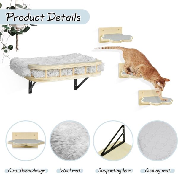 Cat Hammock Cat Wall Furniture with Cooling Mat and Plush Cushion and 3 Wall Steps, Wall Mounted Cat Shelves and Perches, Cat Climbing Shelf Cat Scratching Post for Sleeping, Playing, Gift for Cat - Image 7