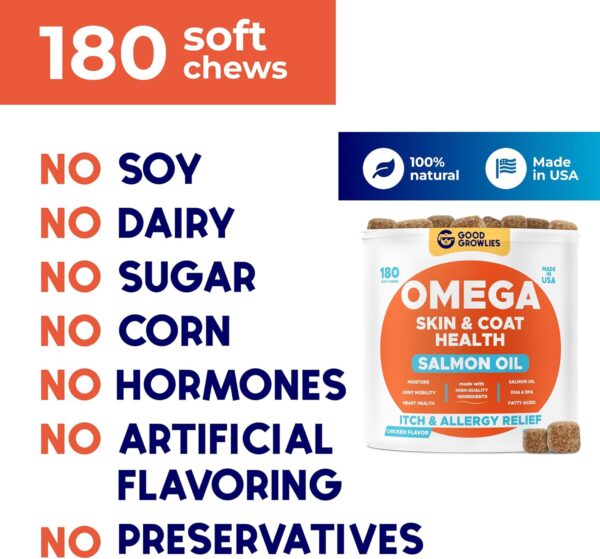 Omega 3 Fish Oil for Dogs (180 Ct) - Skin & Coat Chews - Dry & Itchy Skin Relief + Allergy Support - Shiny Coats - EPA&DHA Fatty Acids - Natural Salmon Oil Chews Promotes Heart, Hip & Joint Support - Image 5