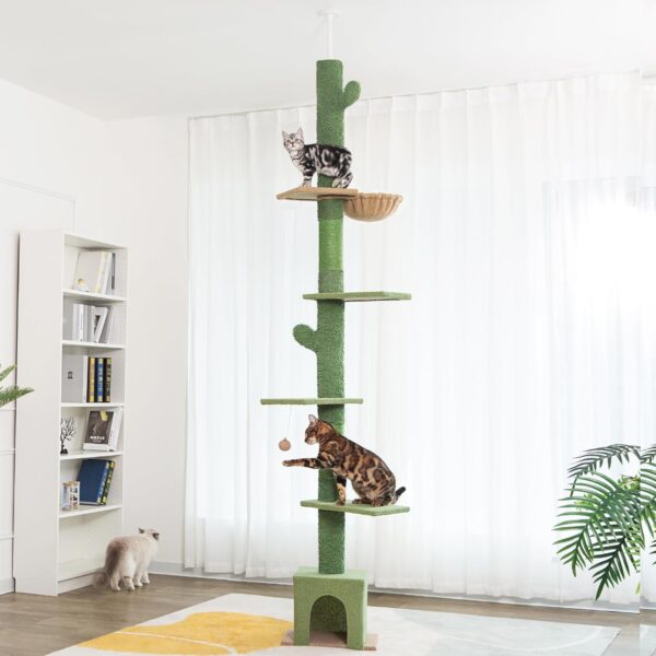 Floor to Ceiling Cat Tree Ajustable Height [82-108 Inches=208-275cm] 6 Tiers Tower Fit for 7-9 Feet Ceiling with Cat Condo Hammock and Sisal Covered Post for Indoor Cats-Green Cactus