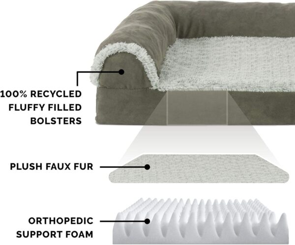 Furhaven Orthopedic Dog Bed for Large Dogs w/ Removable Bolsters & Washable Cover, For Dogs Up to 95 lbs - Two-Tone Plush Faux Fur & Suede L Shaped Chaise - Dark Sage, Jumbo/XL - Image 5