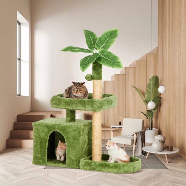 31.5" Cat Tree/Tower for Indoor Cats with Green Leaves, Cat Condo Cozy Plush Cat House with Hang Ball and Leaf Shape Design, Cat Furniture Pet House with Cat Scratching Posts, Green - Image 6