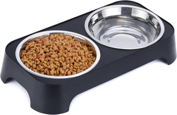 Dog Bowls, Dog Feeder with 2 Stainless Steel Dog Food Bowls, Dog Feeding & Watering Supplies for Small to Medium Sized Dogs and Cats, 3 Inches Tall, Black