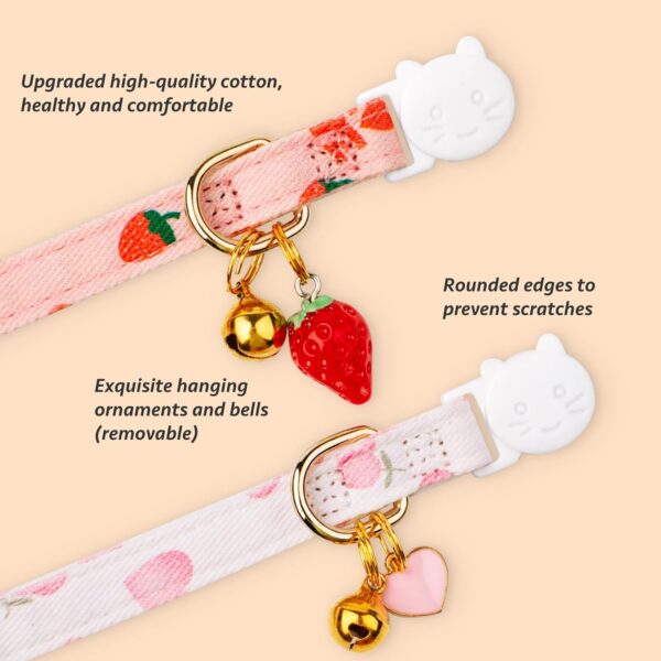 2 Pack Cotton Breakaway Cat Collar,Pink Strawberries and White Heart Shaped Pendant Kitten Collar Cute Cat Collar with Bell,Ideal for Girl Cats Boy Cats - Image 2