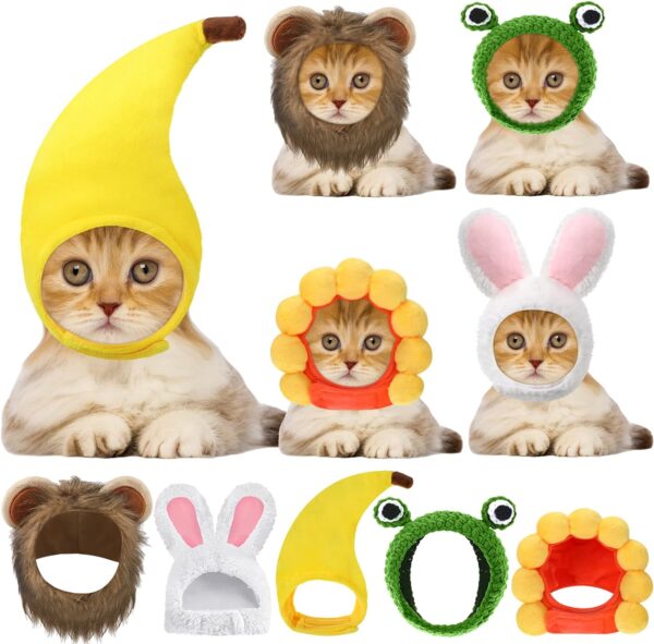 5 Pcs Cat Hat Adorable Costume Bunny Hat with Ears Funny Mane Hat for Cats and Small Dogs Kitten Puppy Party Costume Accessory Headwear (Lion, Frog, Rabbit, Sunflower, Banana)