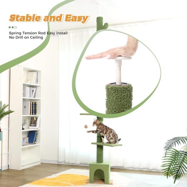 Floor to Ceiling Cat Tree Ajustable Height [82-108 Inches=208-275cm] 6 Tiers Tower Fit for 7-9 Feet Ceiling with Cat Condo Hammock and Sisal Covered Post for Indoor Cats-Green Cactus - Image 2