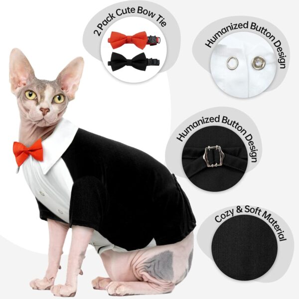 Bonaweite Hairless Cat Tuxedo Shirt，Cat Clothes for Cats Only Cat Wedding Outfit Suit with 2 Pcs Bow Tie,Kitten Formal Onesie Attire Costumes for Sphynx, Cornish Rex, Devon Rex, Peterbald - Image 4