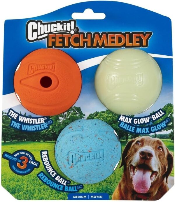 Chuckit Fetch Medley Dog Ball Dog Toys, Medium (2.5 Inch) Pack of 3, for Medium Breeds, Includes Whistler, Max Glow and Rebounce Balls