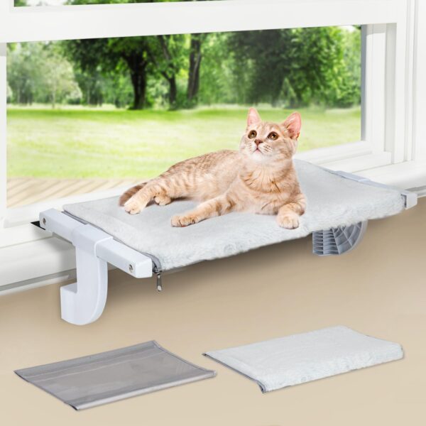 Window Sill Mount Cat Perch for Indoor Cats, One-Step Sliding Clamping Slot Adjustment Cat Hammock with Removable Two Fabrics Covers, No Suction Cups Cat Bed for Windowsill & Bedside (Medium)