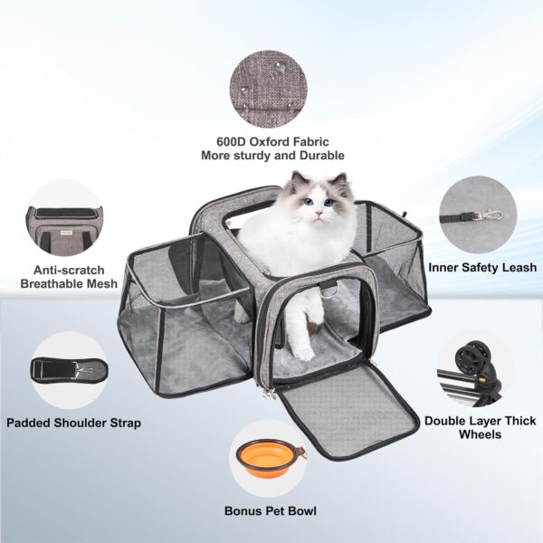 VEVOR Airline Approved PetCarrier with Wheels,Rolling CatDog Carrier,PetTravel Carrier on Wheels with Upgraded Wheels and Telescopic Handle,Expandable Carrier for under 25lbs-Grey,17.5"Lx11.2"Wx11.4"H - Image 6