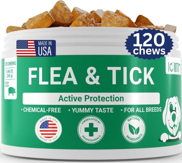 Flea and Tick Prevention for Dogs - Dog Chews for Flea and Tick Control - All Natural Supplement for Dogs - All Breeds and Ages - Made in USA - 120 Chews - Bacon Flavor - by Lollitin