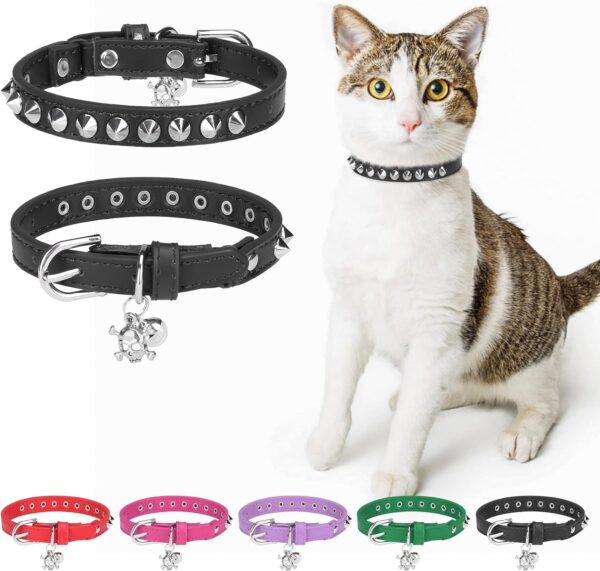 Leather Cat Collars for Boy Girl Cats with Bell and Safety Elastic Belt, Personalized Rivets Stud Adjustable Safe Buckle Collar with Skull Charm for Kitty Small Pets, Black