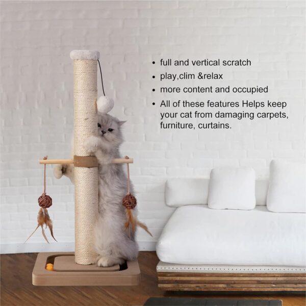 Cat Scratching Post Premium Sisal Toll Scratch Posts with Tracking Interactive Toys Vertical Scratcher for Indoor Cats and Kittens- 25 inches Beige - Image 4