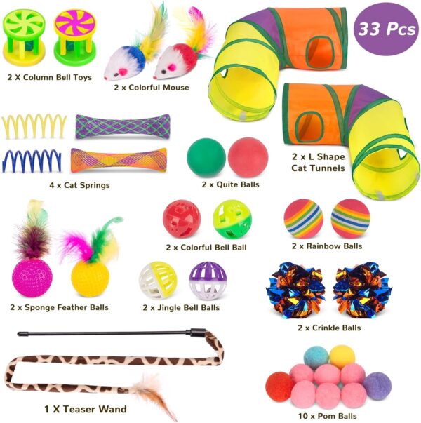 Cat Toys Bundle 33 Pcs,Cat Play Tunnel for Indoor Cats,Kitten Toys Include 2 Collapsible Cat Tunnel Tube Tent,Cat Feather Teaser Wand,Cat Bell Rainbow Ball Crinkle Toy Springs Mouse Toys Pom Pom Balls - Image 4