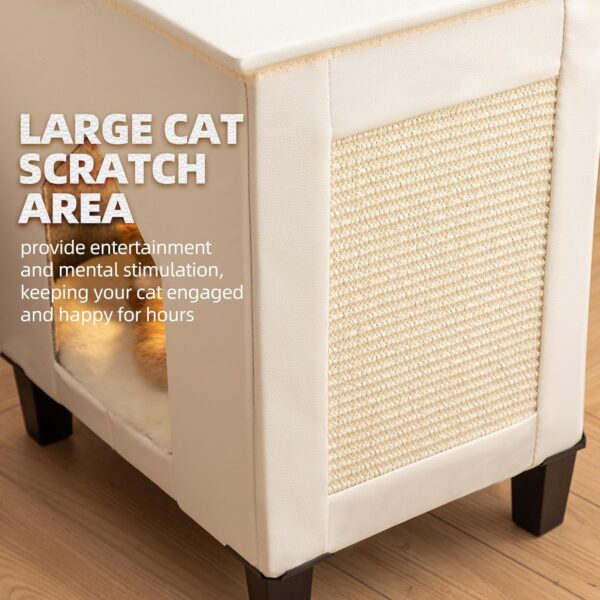 Cat House for Indoor Cats Condo,Cat Furniture with Large Area Cat Scratch Pad Cat Hideaway Cave,Leather Cat Bed Side Table & Nightstand for Living Room and Bedroom Decoration,White - Image 4