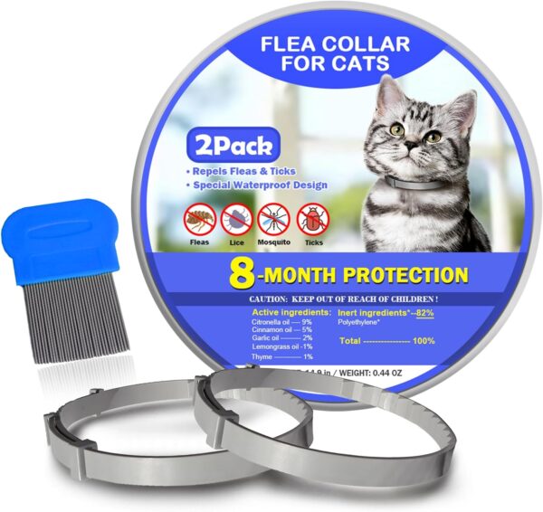 Flea and Tick Collar for Cats Kittens, 8 Months of Cat Flea Collar Protection 2 Collars Made with Premium Plant Based Essential Oil Waterproof and Natural Treatment Prevention Free Comb