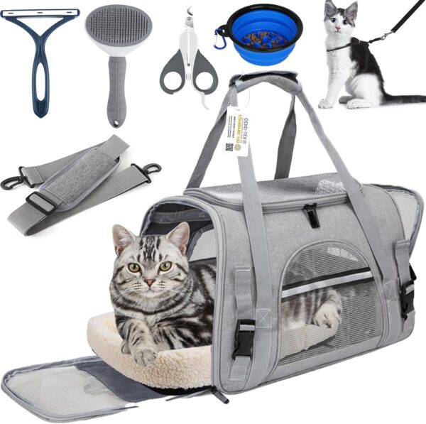 Pet Carrier Bag Airline Approved for Cats and Dogs Up to 20LBs, with Soft Travel Bag, Harness, Nail Clipper, Brush, Foldable Bowl