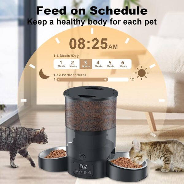 Automatic Cat Feeder for 2 Cats, 3L Cat Food Dispenser SURDY Auto Cat Feeder with 2 Stainless Bowls, 10s Meal Call Dual Power Supply and Timer Setting 12 Portions 6 Meals Per Day for Cat and Dog - Image 2