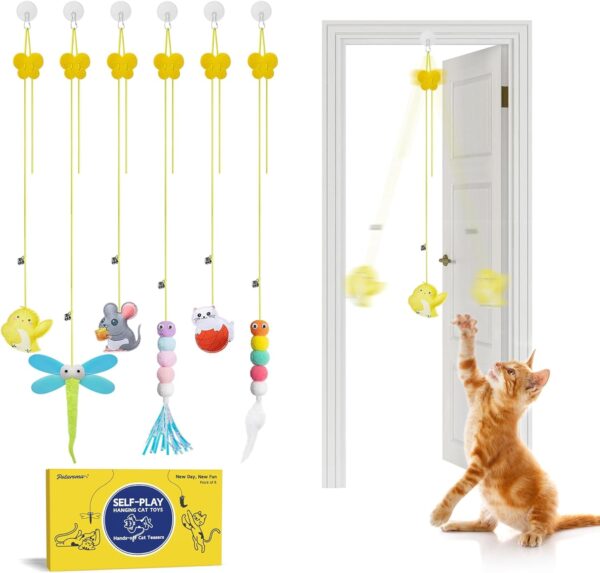 Potaroma Interactive Cat Feather Toys 6 Pcs, Cat Teaser Retractable, Hanging Cat Toys Indoor Kitten Play Chase Exercise, Mental Physical Stimulation for All Breeds and Species