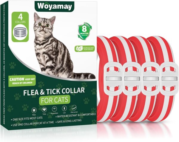 4 Pack Flea Collar for Cats, 32 Months Flea and Tick Prevention for Cats Collar, Flea and Tick Collars for Cats, Waterproof Cat Flea Collar, Adjustable Cat Flea and Tick Collar, Red & White