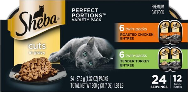 SHEBA Perfect Portions Cuts in Gravy Wet Cat Food Trays (12 Count, 24 Servings), Roasted Chicken and Tender Turkey Entrée, Easy Peel Twin-Pack Trays