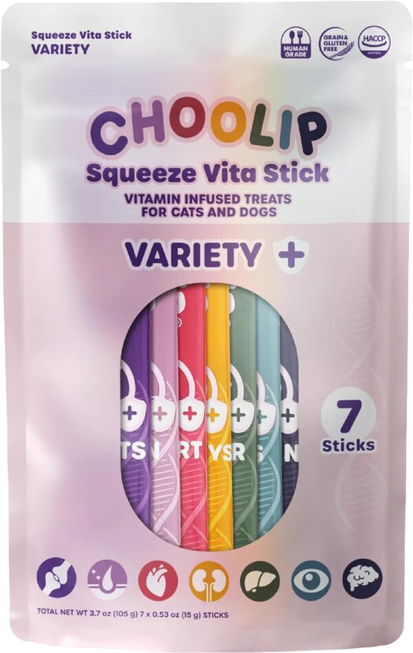 Squeeze Vita Stick Lickable Cat Treats. Cat and Dog Multivitamin SnackVariety Pack, 7 Different Formulas, Antioxidants, Minerals, Vet-Formulated 7pk Lickable Cat Treat Pack. Nutrient-packed.